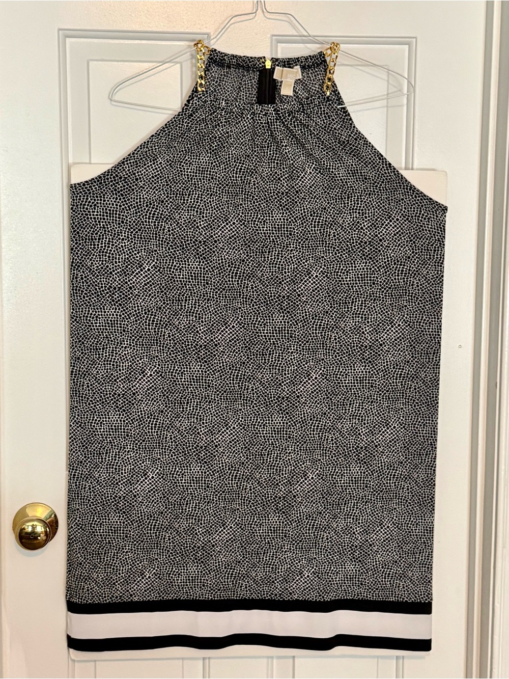 Michael Kors Black and White Halter Dress with Gold Chain Straps